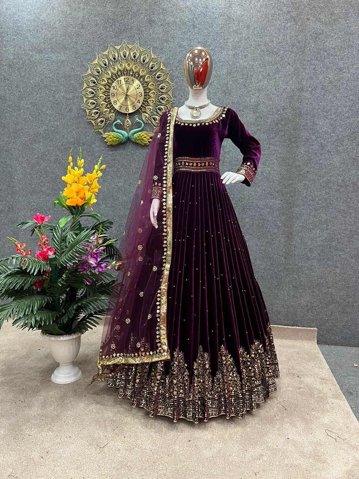 Velvet embroidered gown