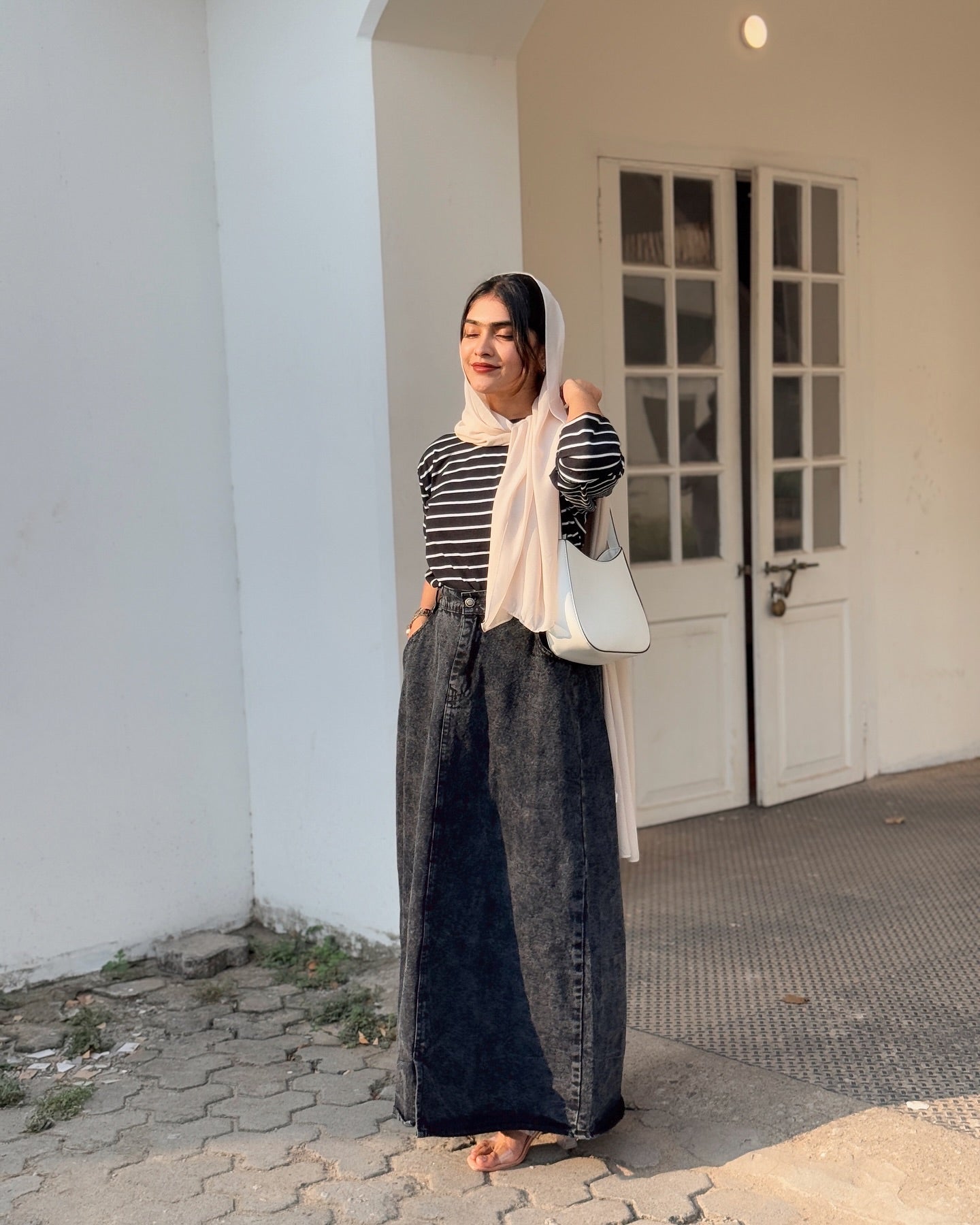 Stripes top and denim skirt