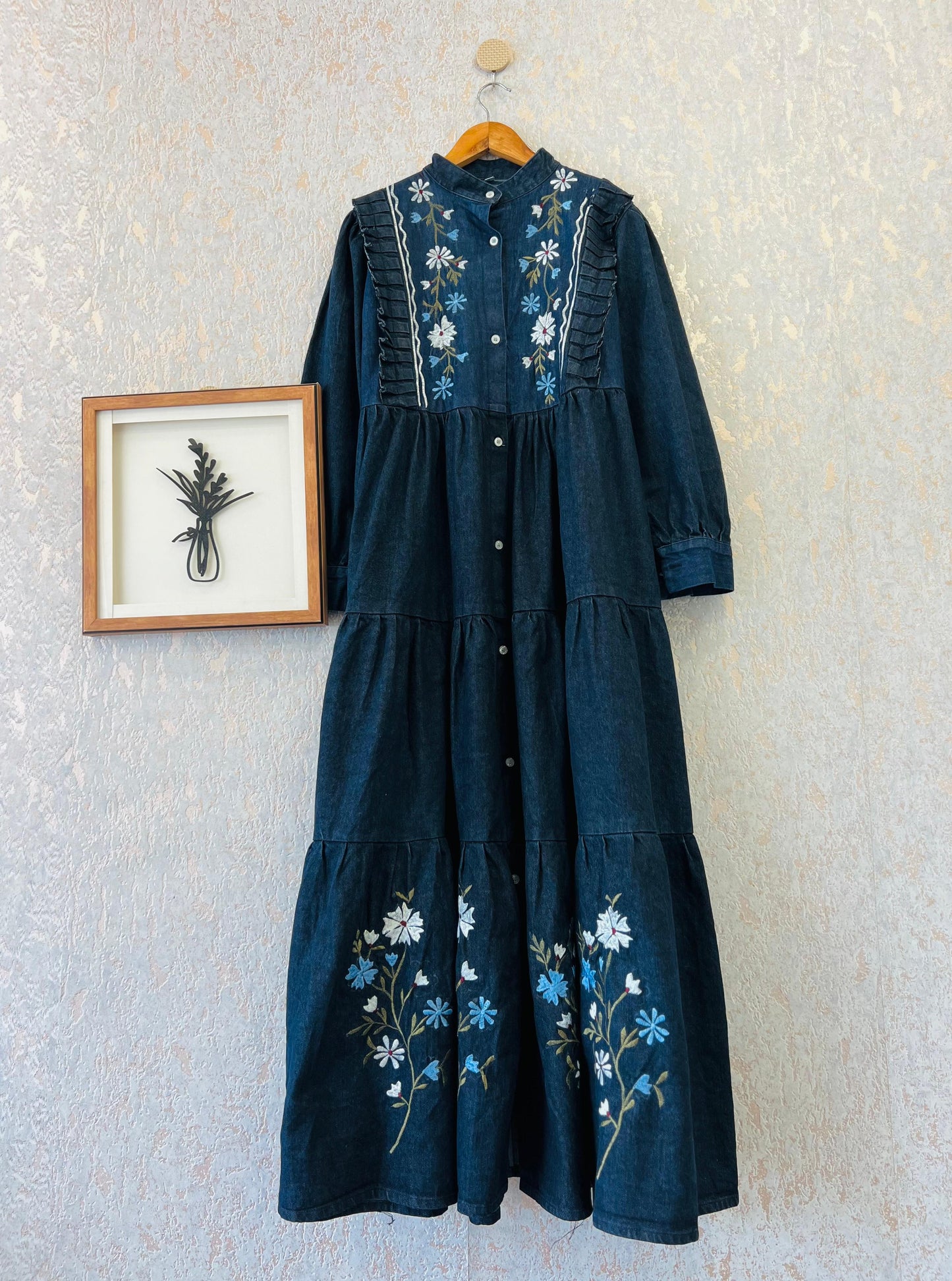 Embroidered denim gown