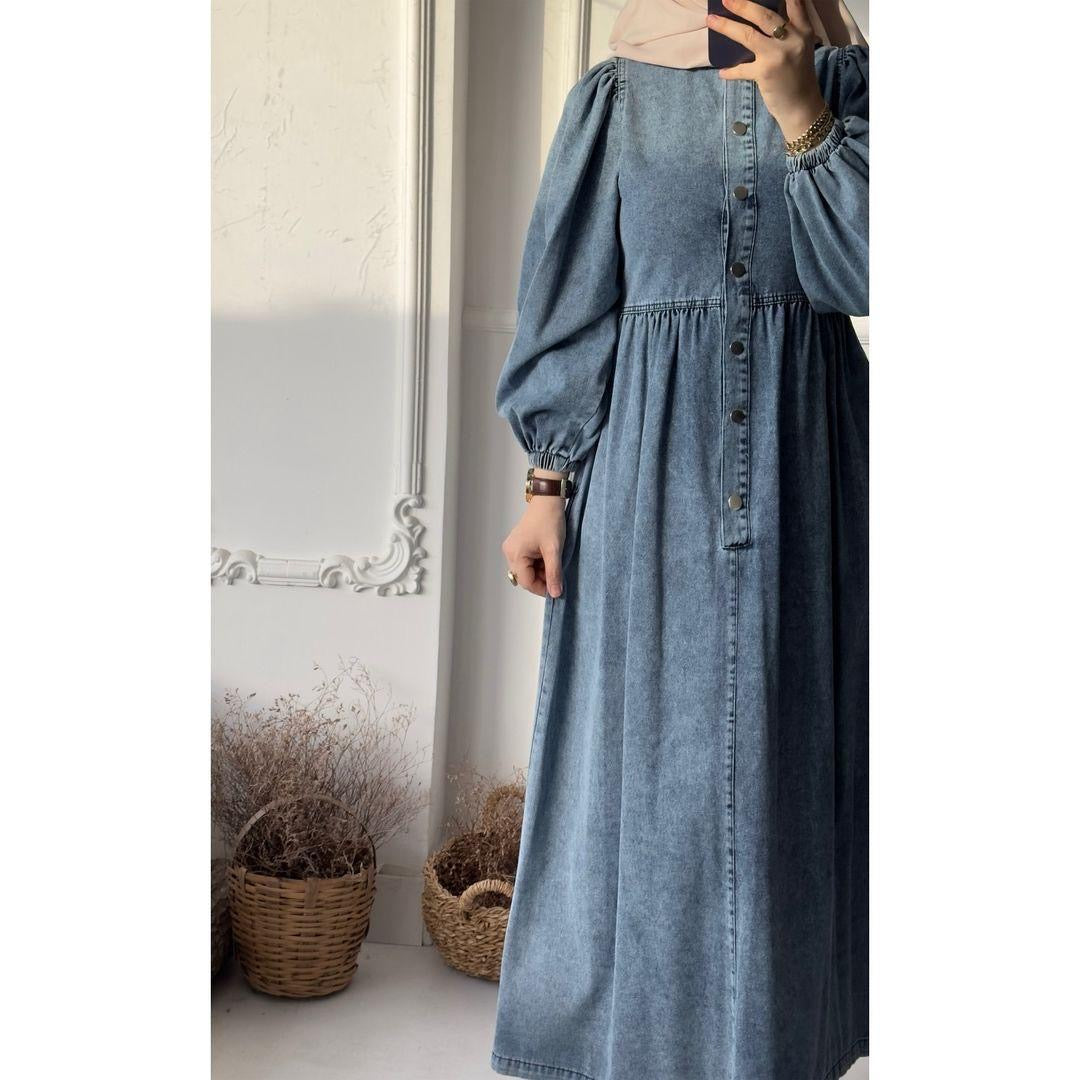 Denim gown with buttons