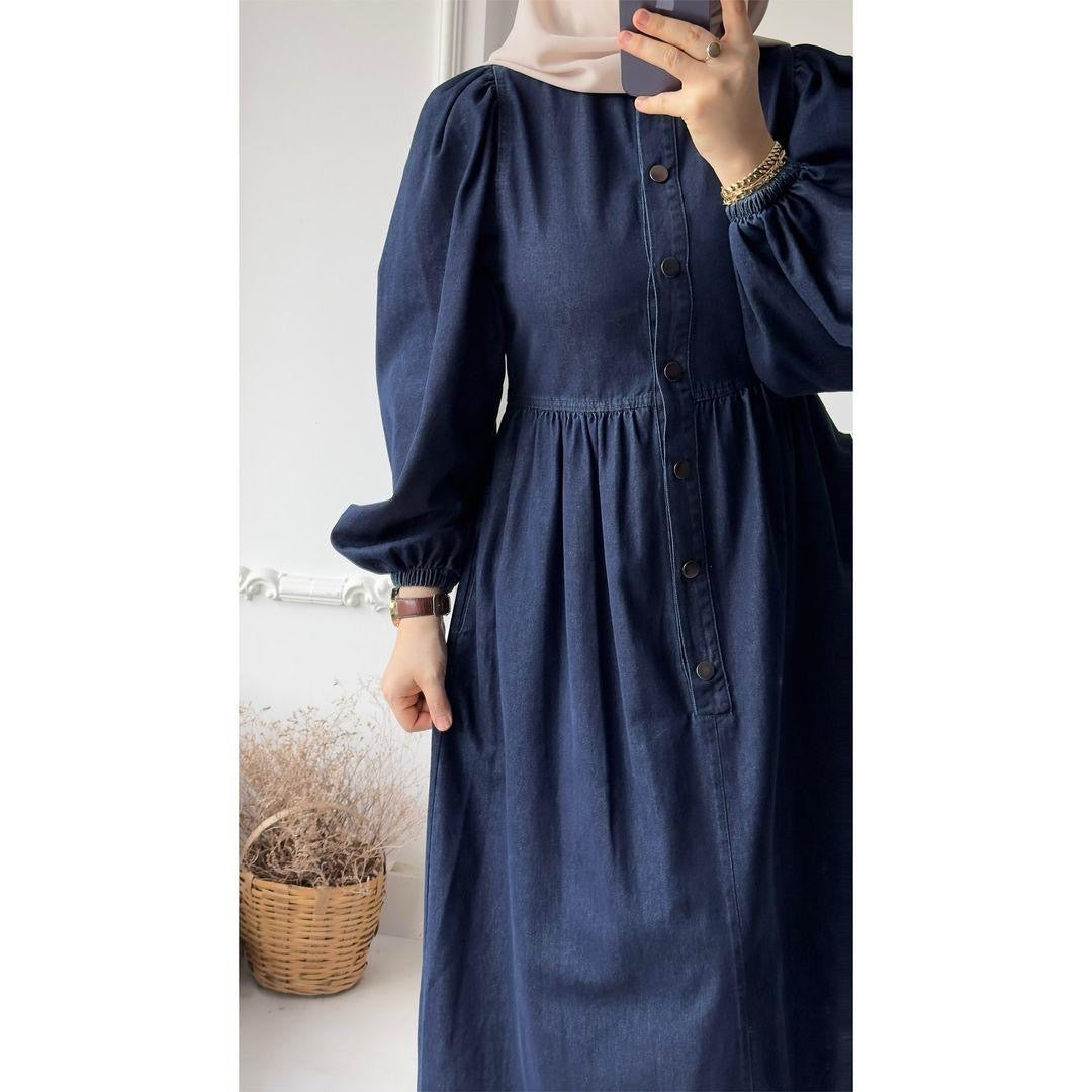 Denim gown with buttons