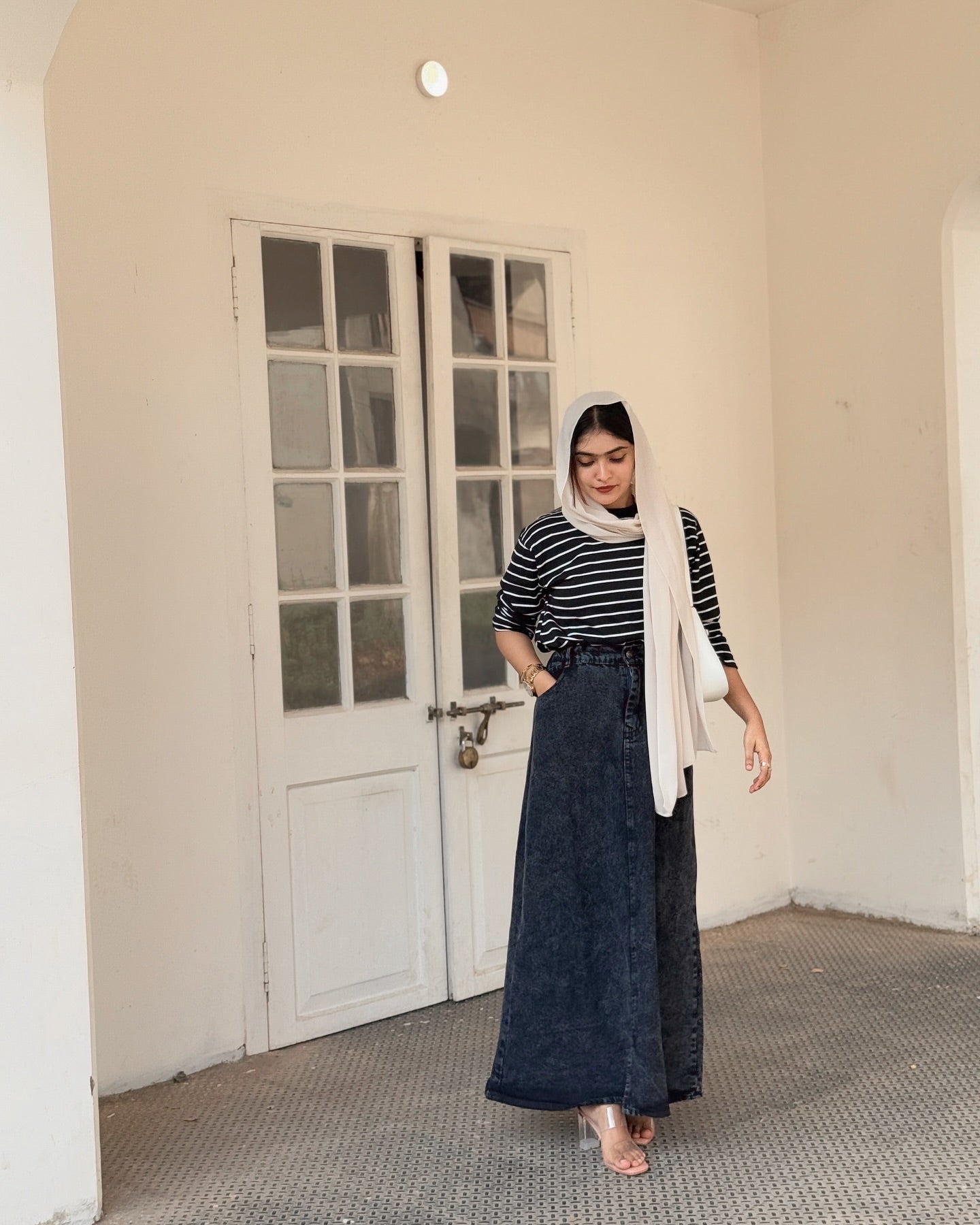 Stripes top and denim skirt