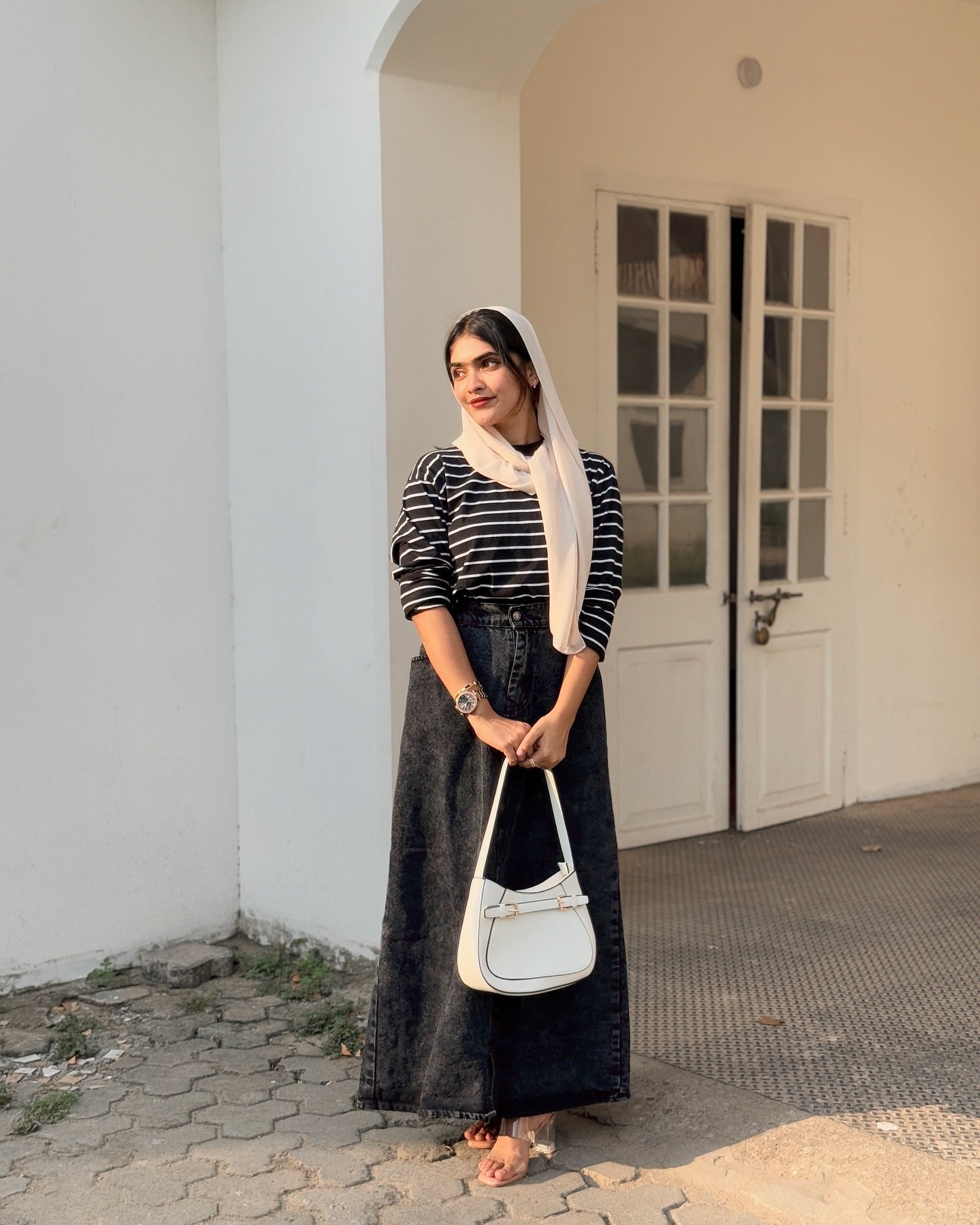 Stripes top and denim skirt