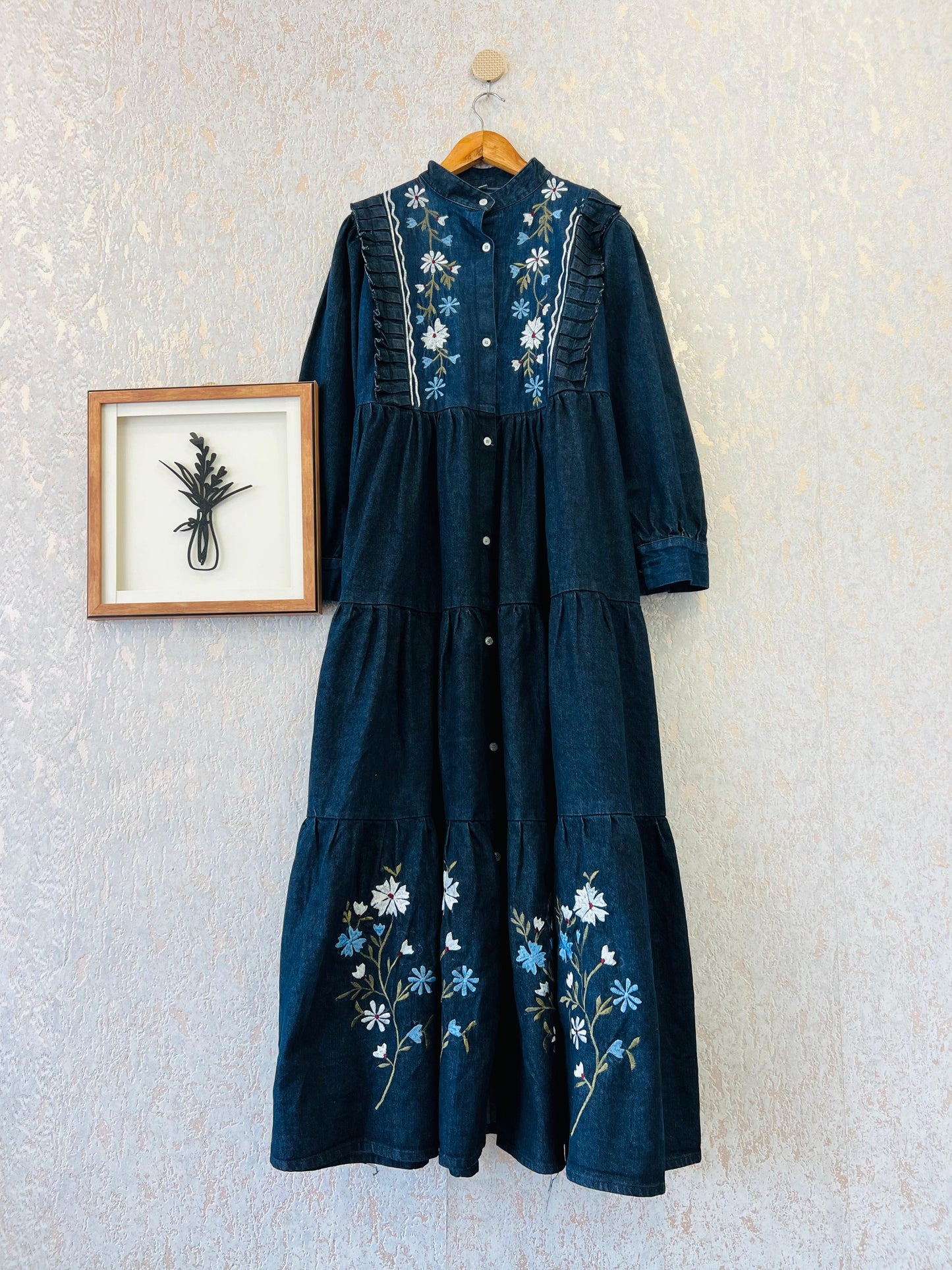 Embroidered denim gown