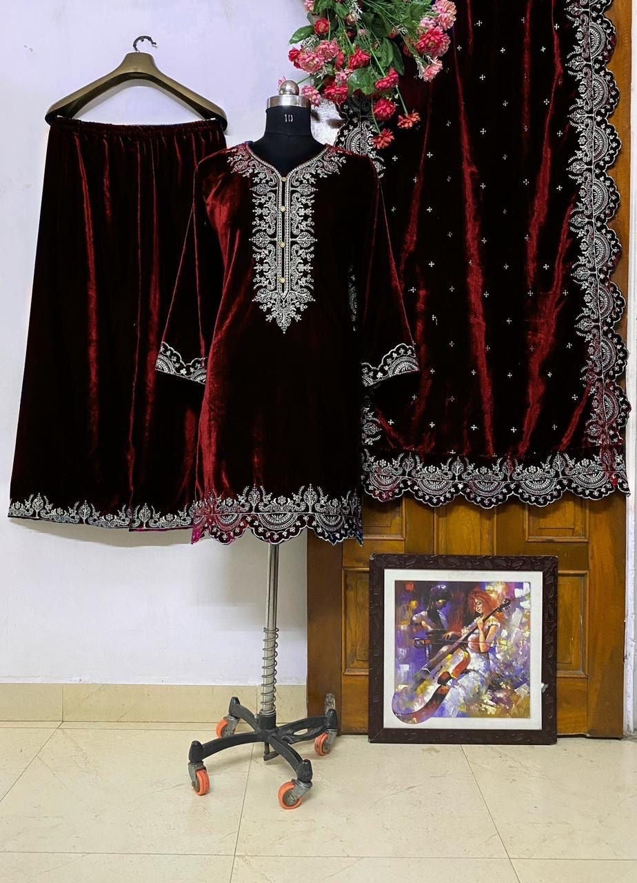 Velvet embroidered top and palazzo