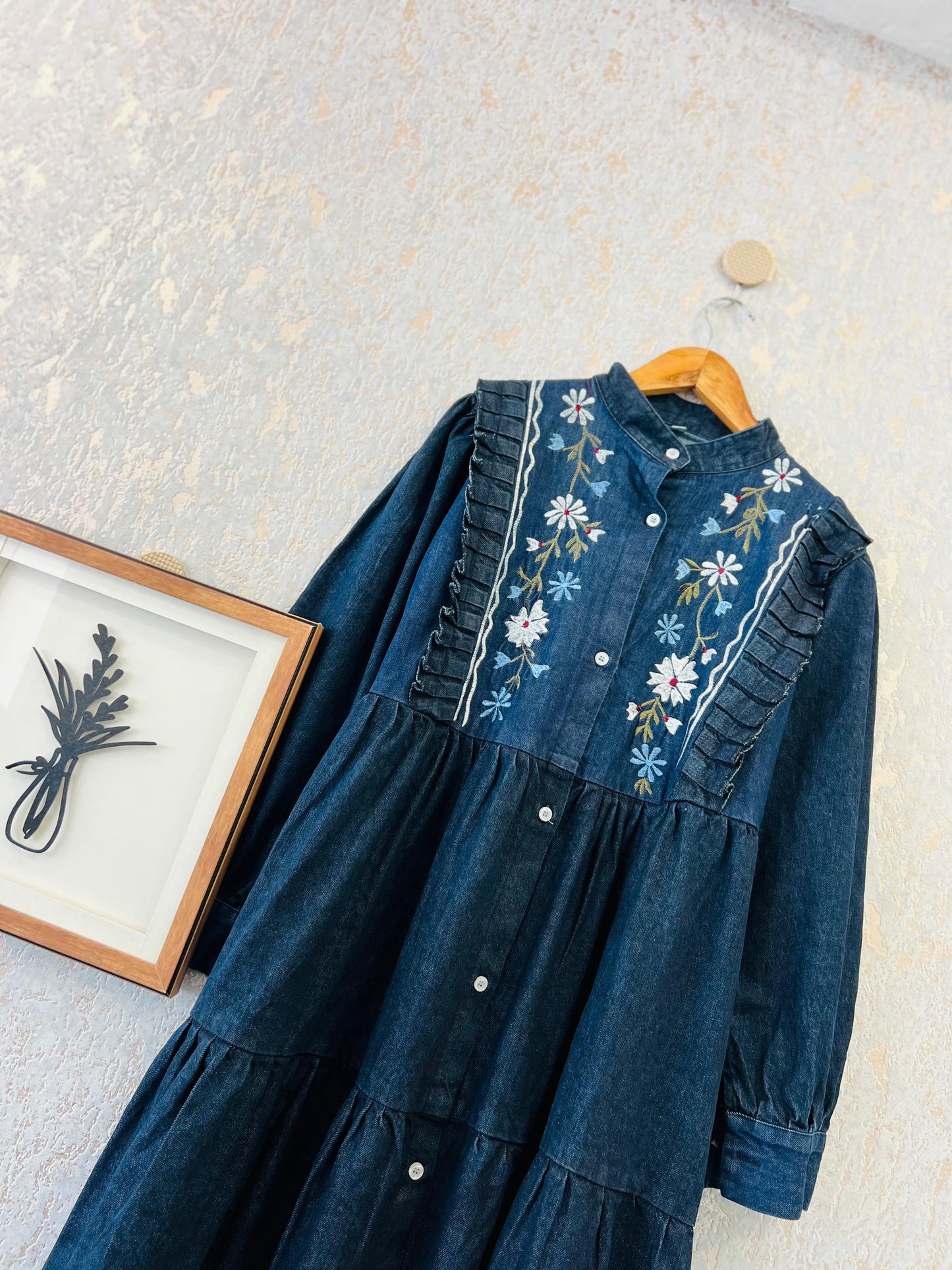 Embroidered denim gown