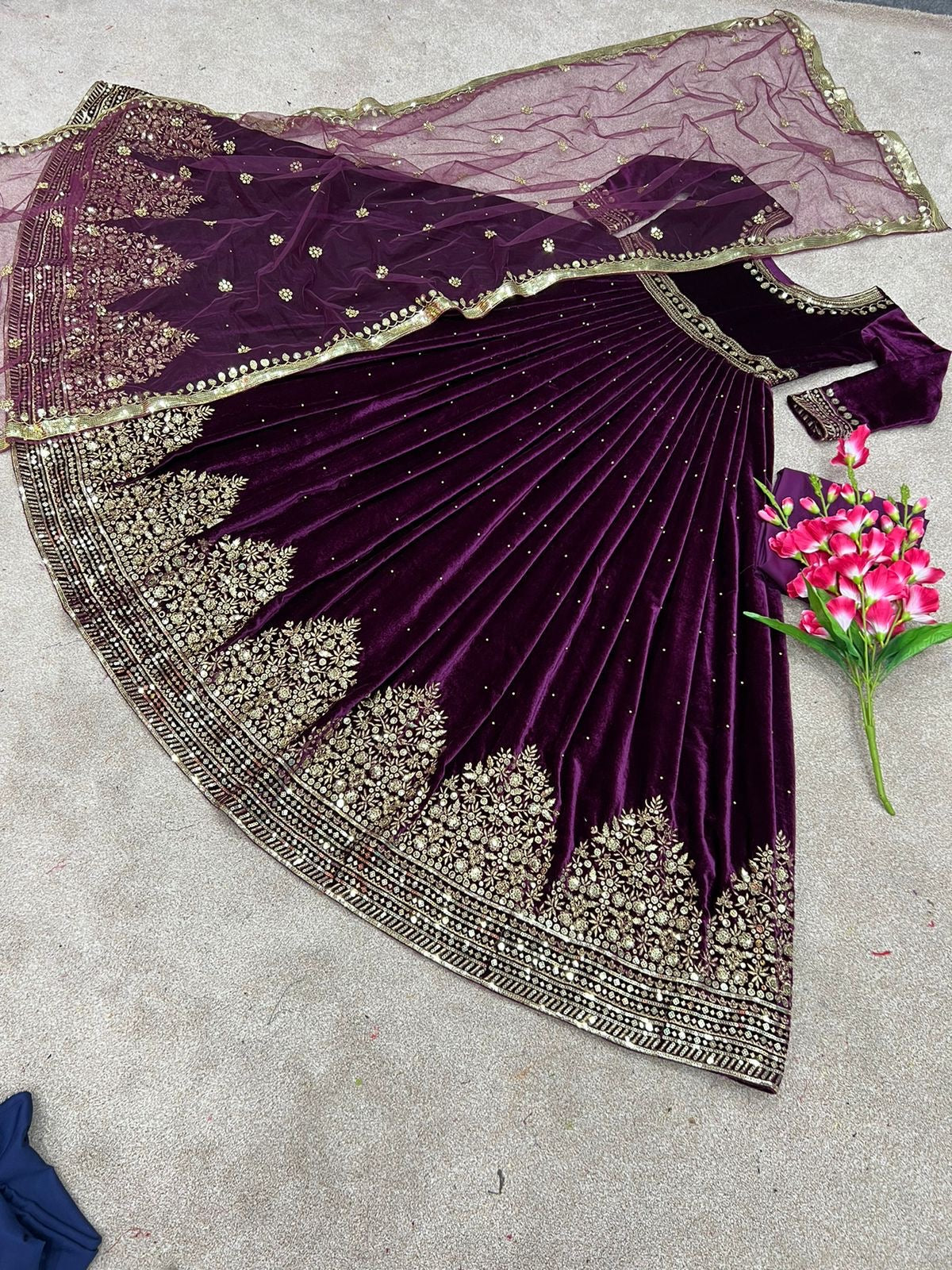 Velvet embroidered gown