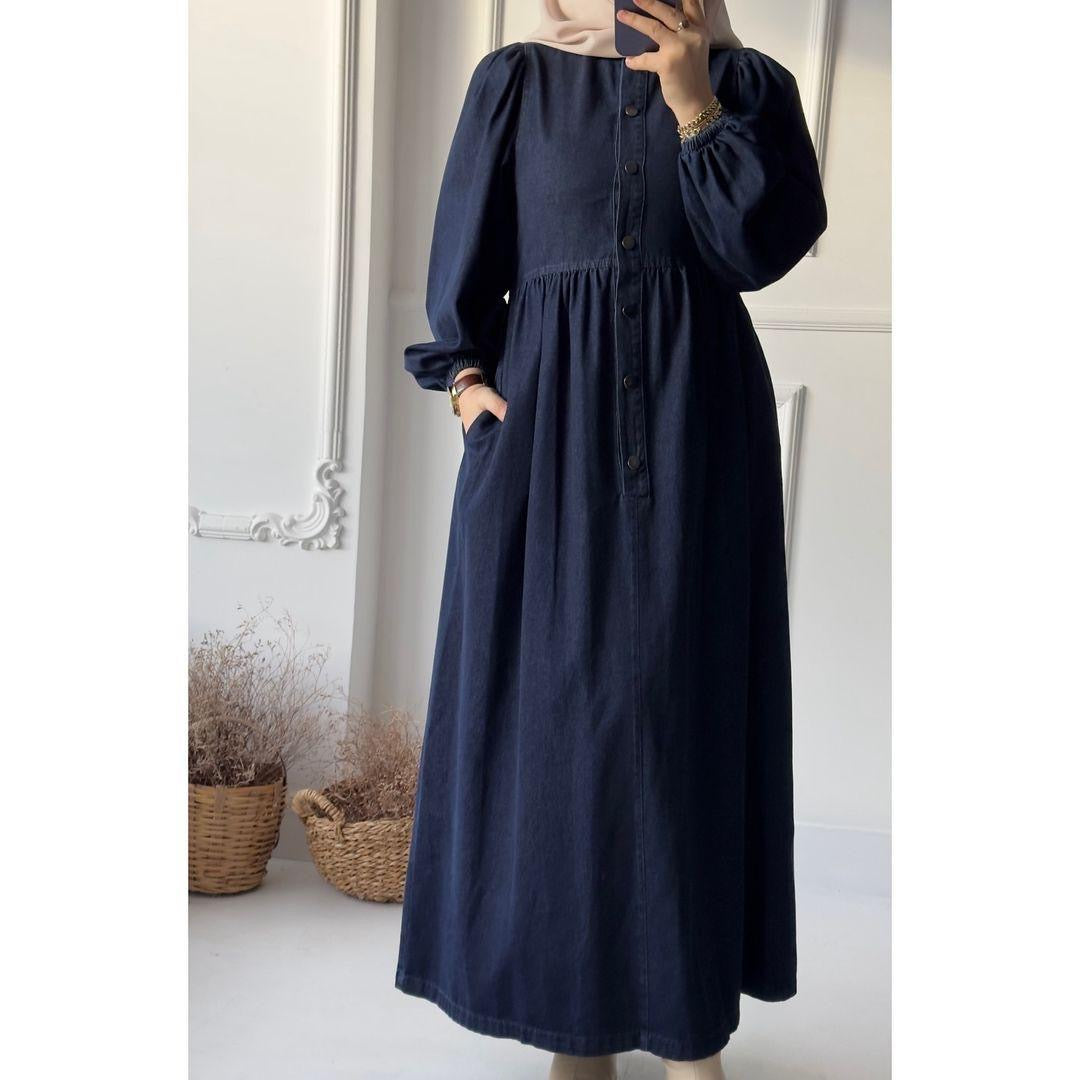 Denim gown with buttons