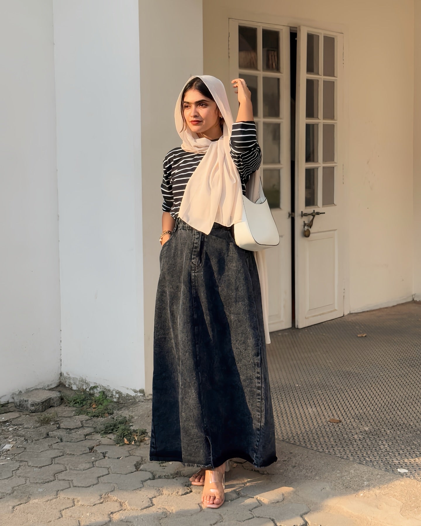 Stripes top and denim skirt