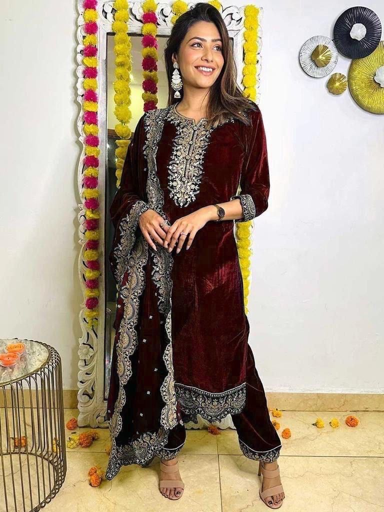 Velvet embroidered top and palazzo