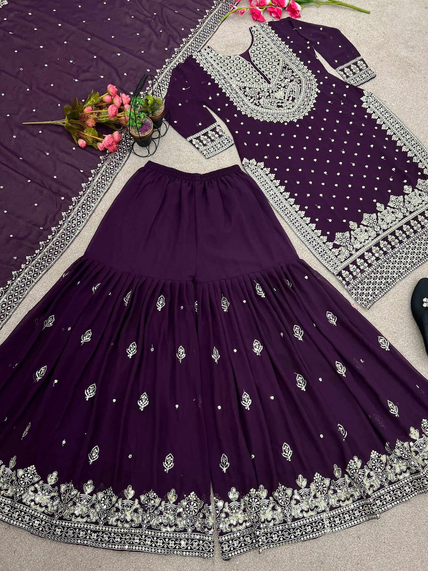 Embroidered sequence work gharara