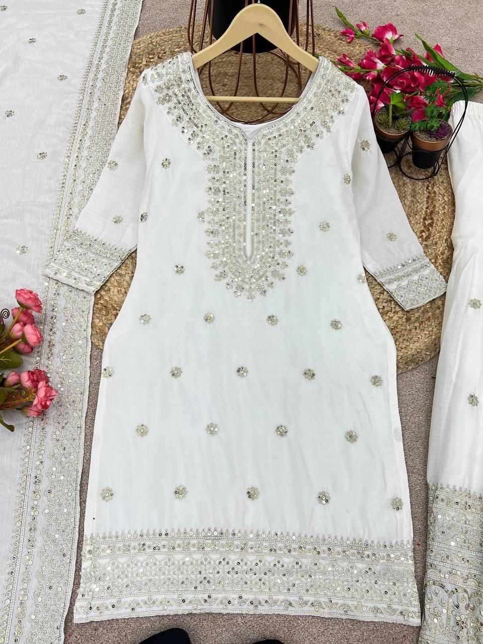 White chinon silk suite