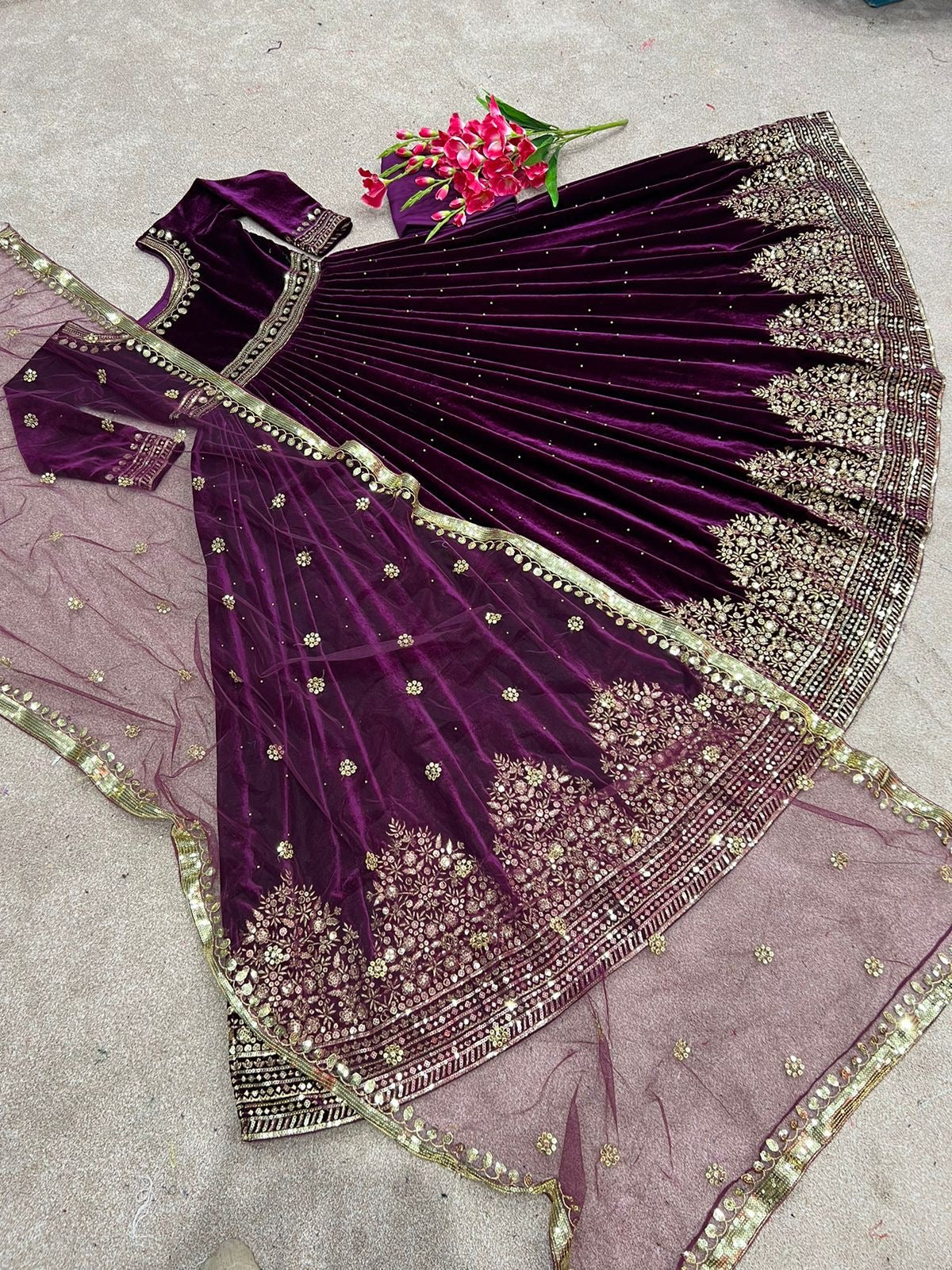 Velvet embroidered gown
