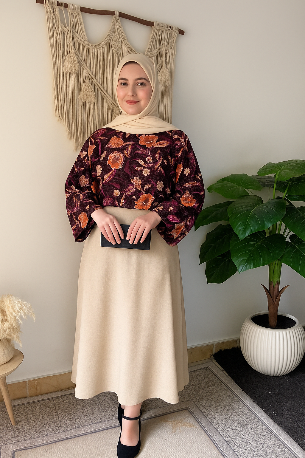 Printed top and cey skirt
