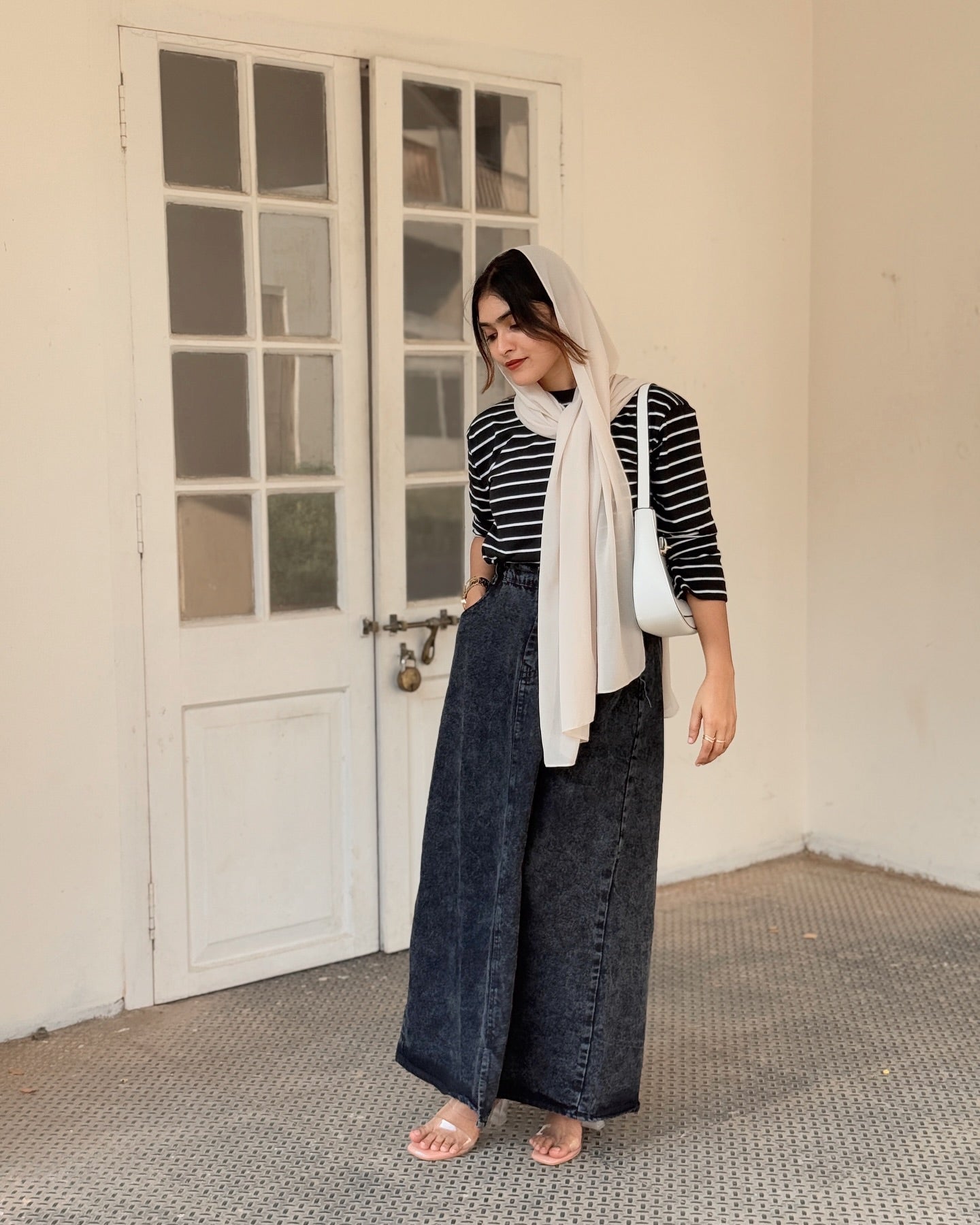 Stripes top and denim skirt