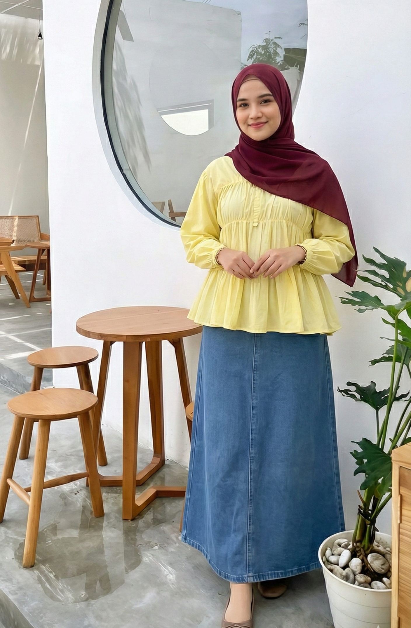 Elastic top and denim skirt