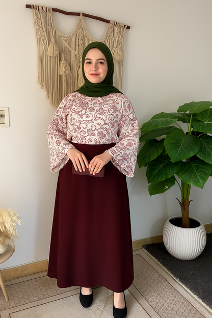 Printed top and cey skirt