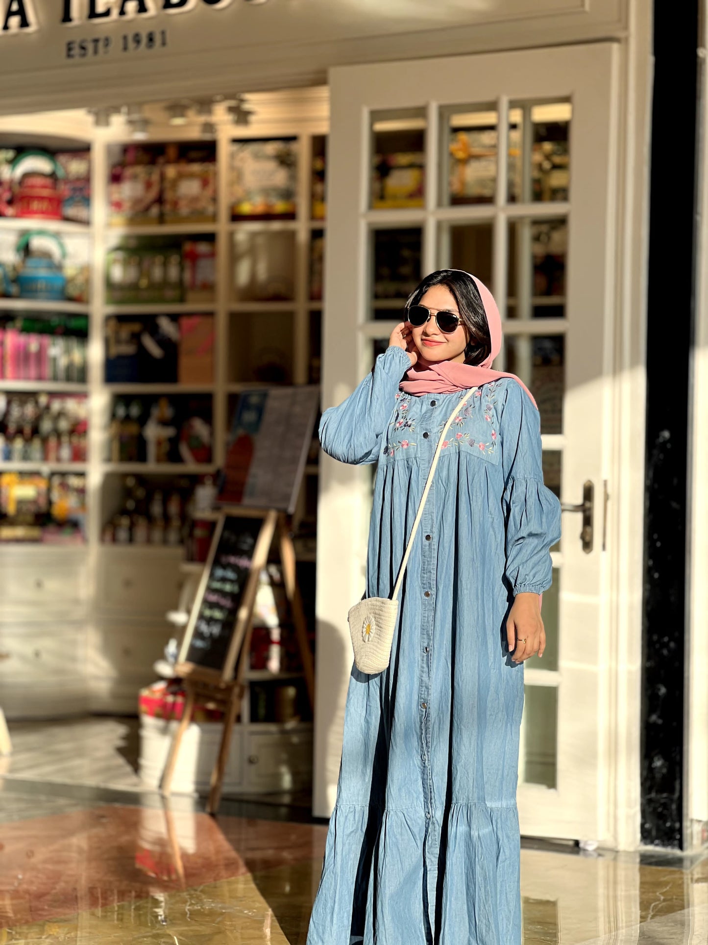 Embroidered denim gown