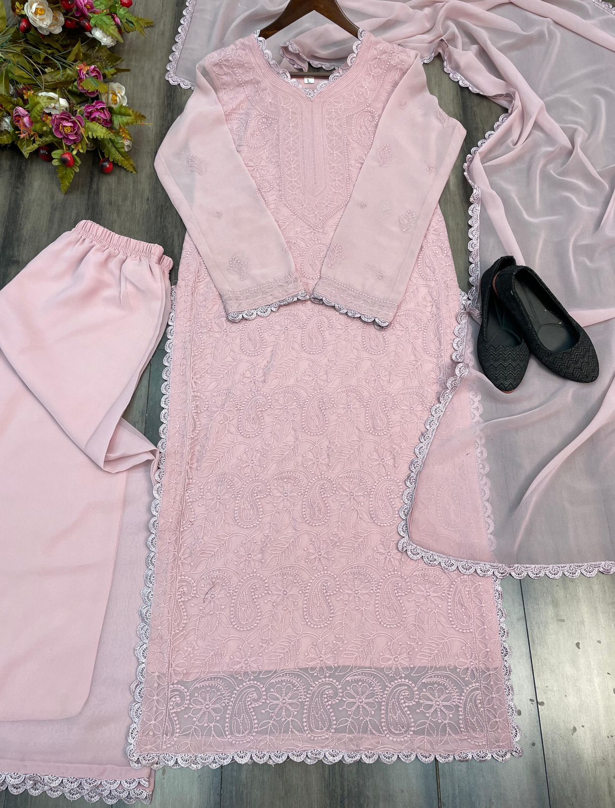 Cotton thread embroidered suite