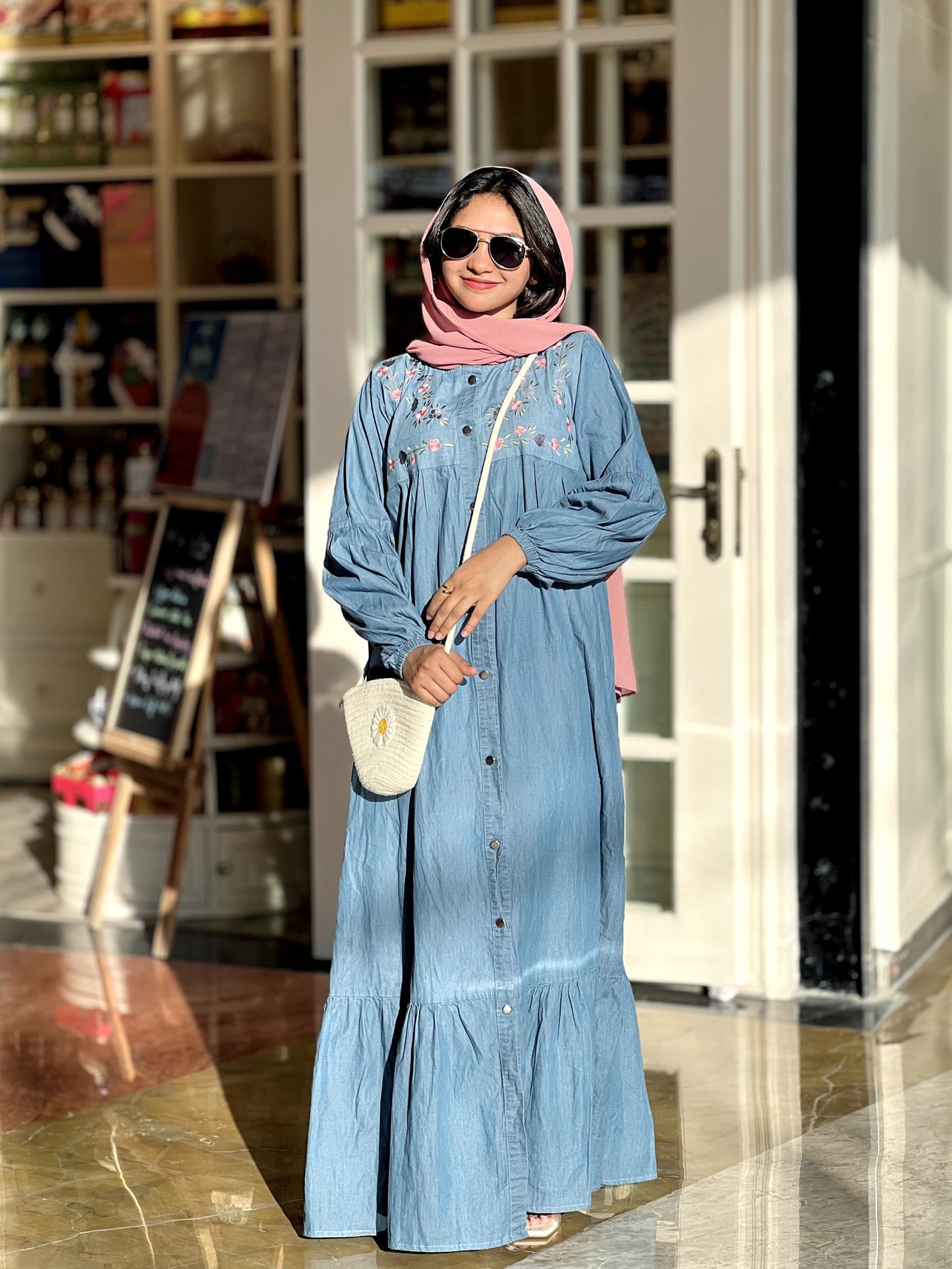 Embroidered denim gown