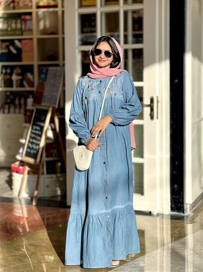 Embroidered denim gown