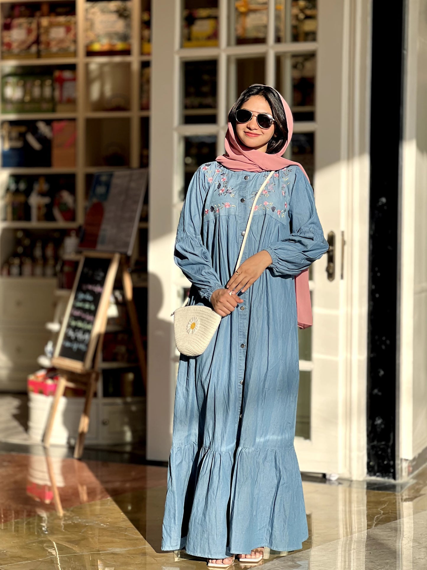 Embroidered denim gown