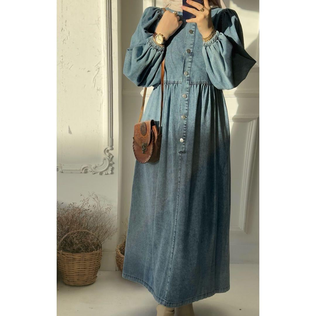 Denim gown with buttons