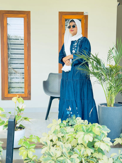 Embroidered denim gown