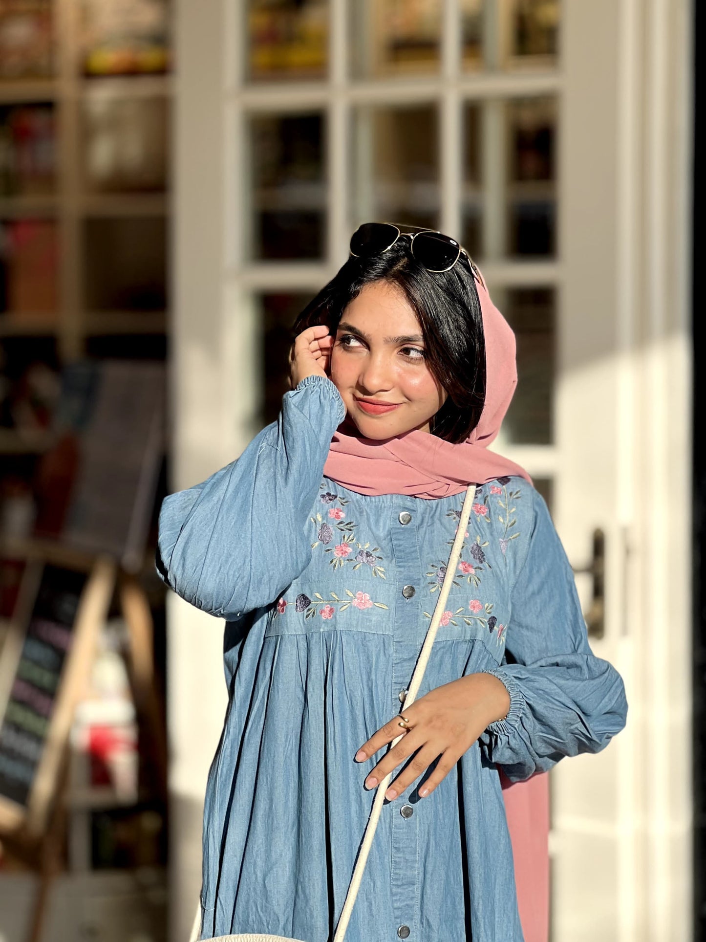 Embroidered denim gown