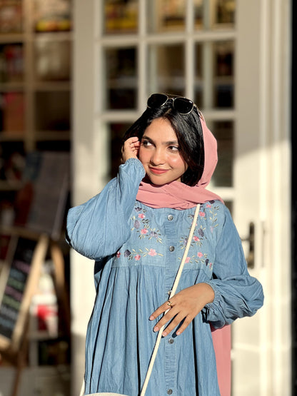 Embroidered denim gown