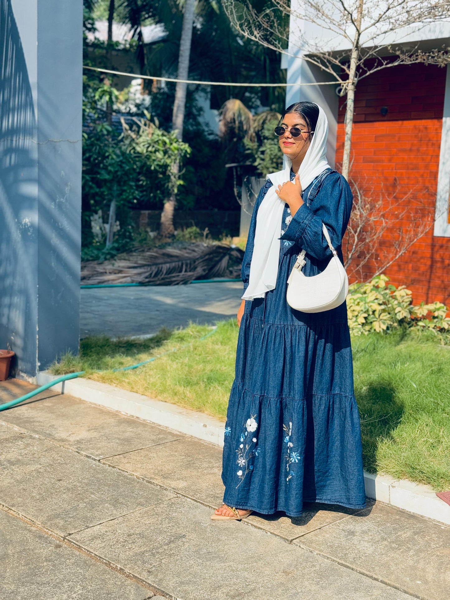 Embroidered denim gown