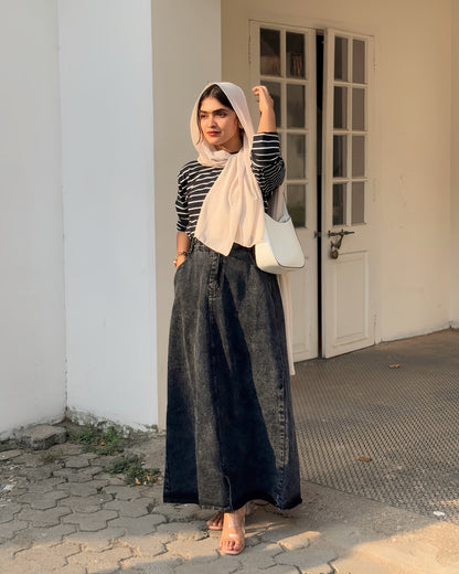 Stripes top and denim skirt