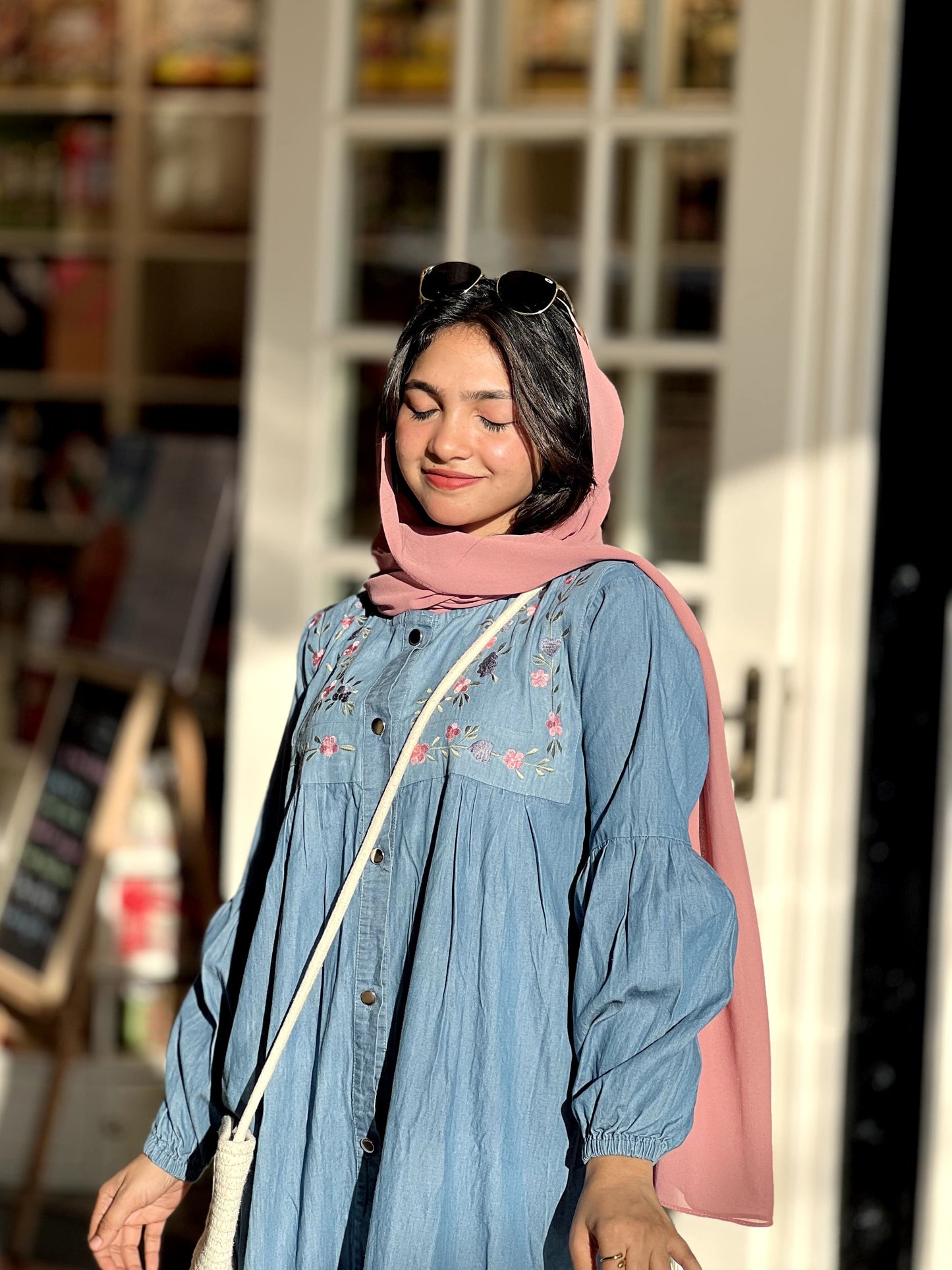 Embroidered denim gown