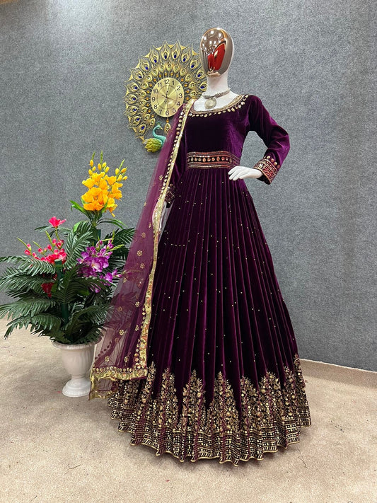 Velvet embroidered gown