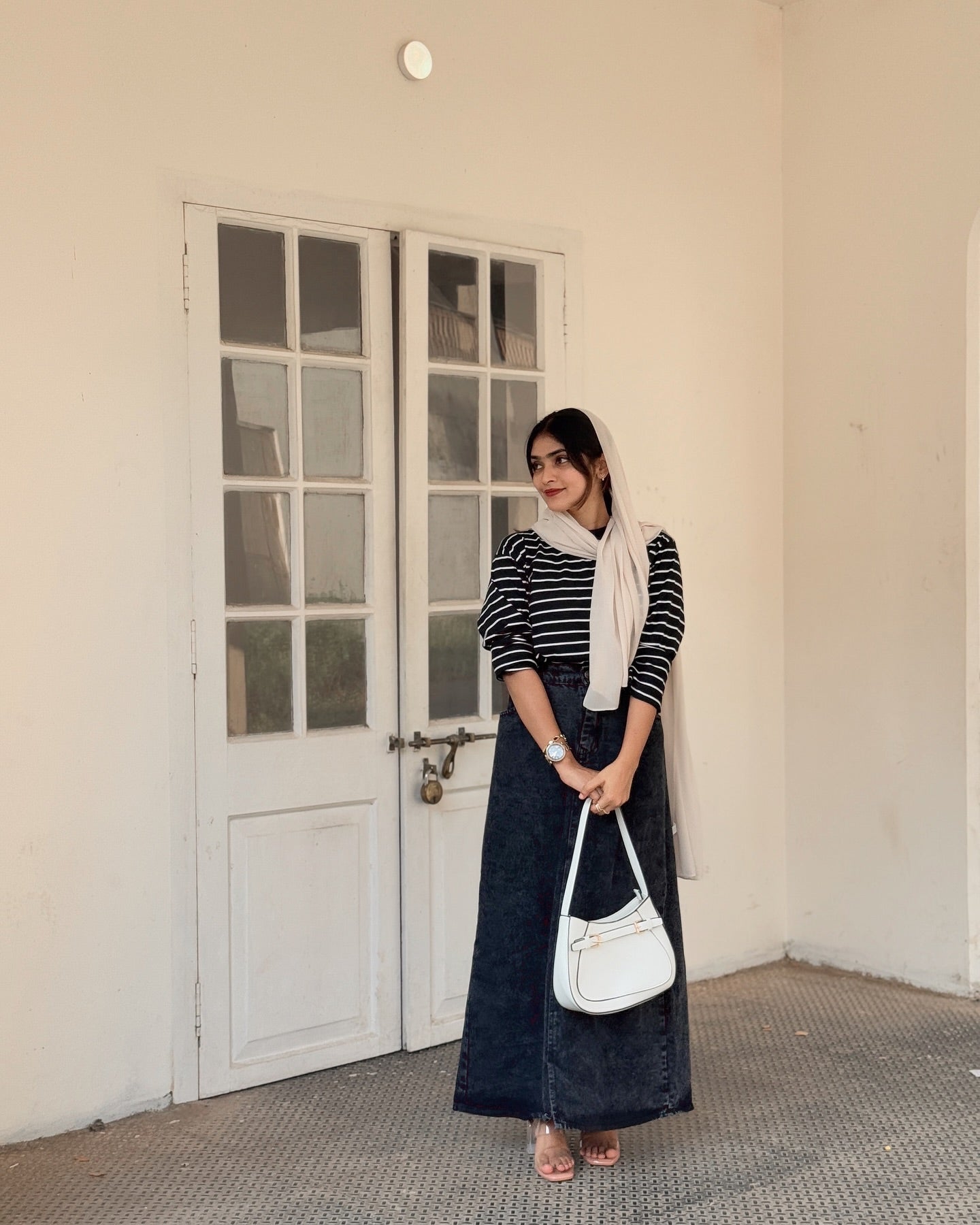 Stripes top and denim skirt