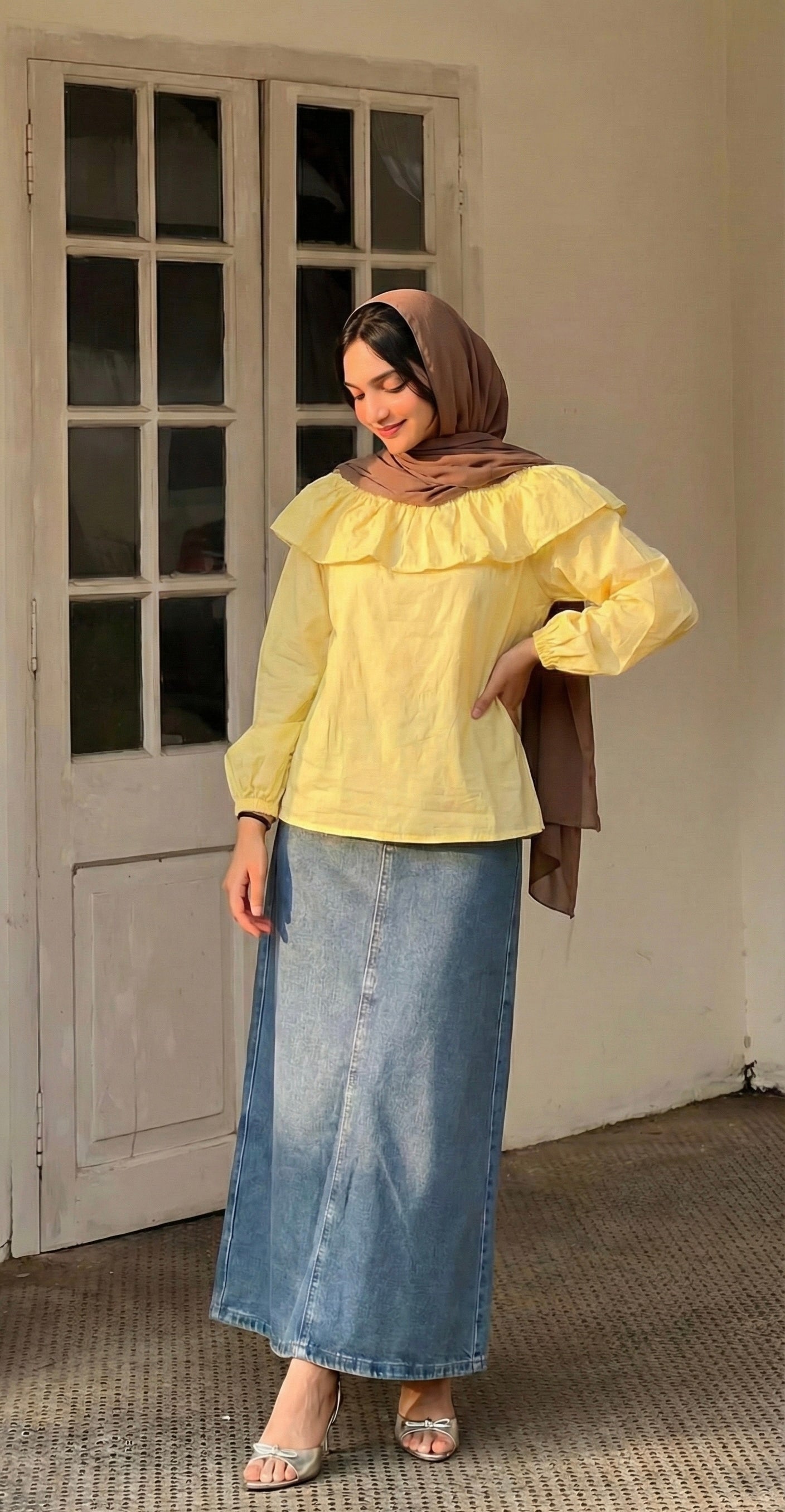 Top and denim skirt