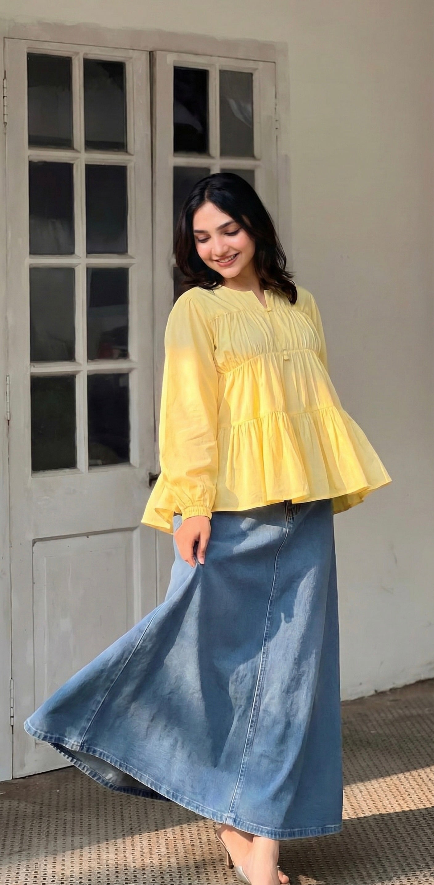 Top and denim skirt