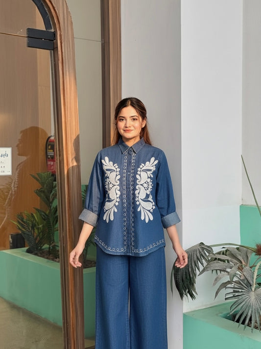 Embroidered denim co ord set