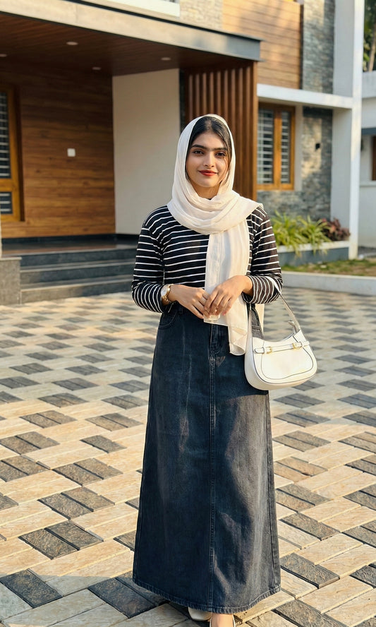 Stripes top and denim skirt