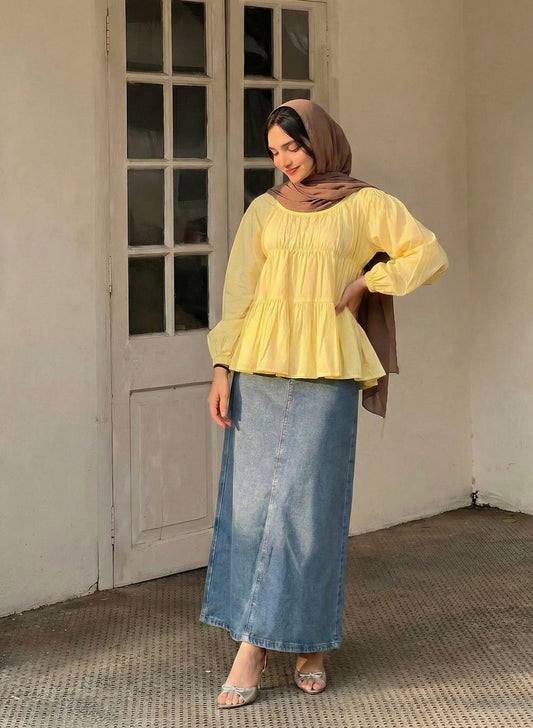 Top and denim skirt