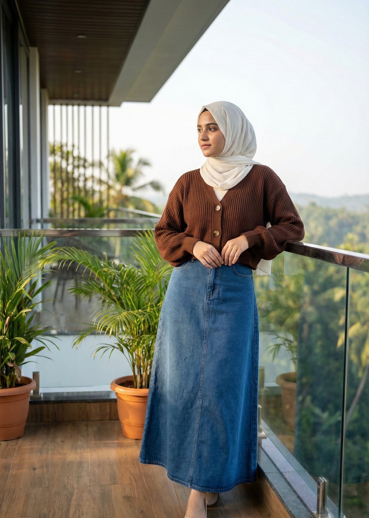 Rib top inner and denim skirt